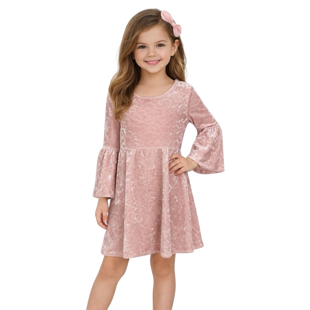 The Children’s Place Pink Crushed Velvet Dress Girls M 7/8 Bell Sleeve